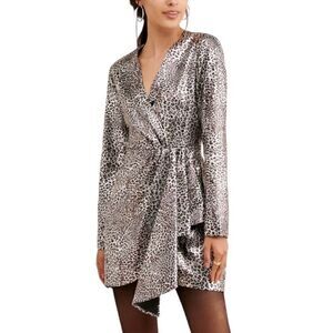 Ronny KoBo Leopard Print Silver Metallic Faux Wrap Dress